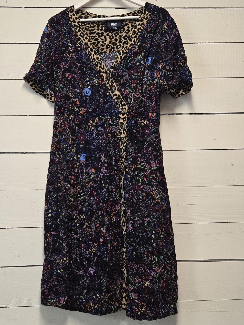 Maeve Black Floral Midi Dress with Leopard Trim